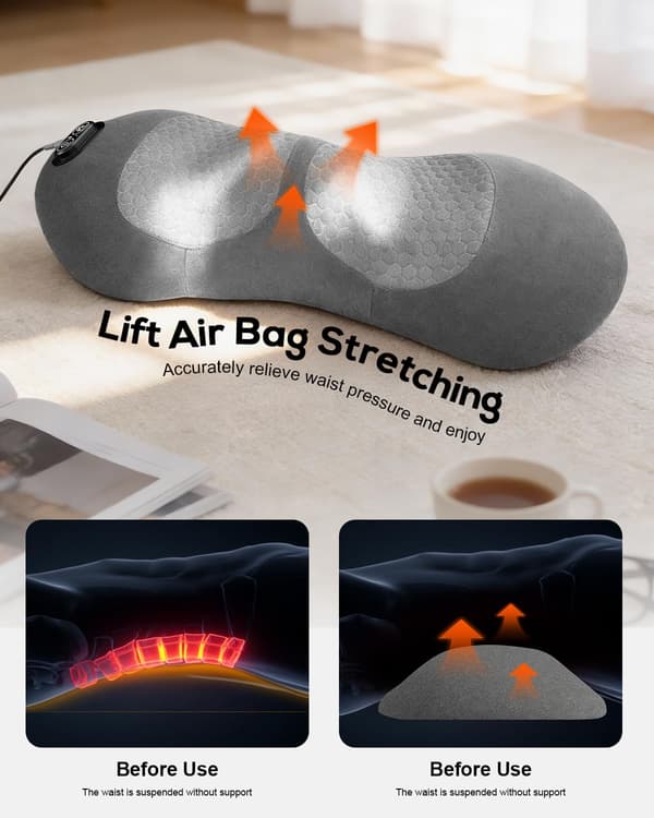 3-in-1 Lumbar Massager with Heat, Vibration, and Stretching, Ergonomic Memory Foam Lumbar Support Pillow for Bed and Chair, Relaxation Gift-FA- Gray
