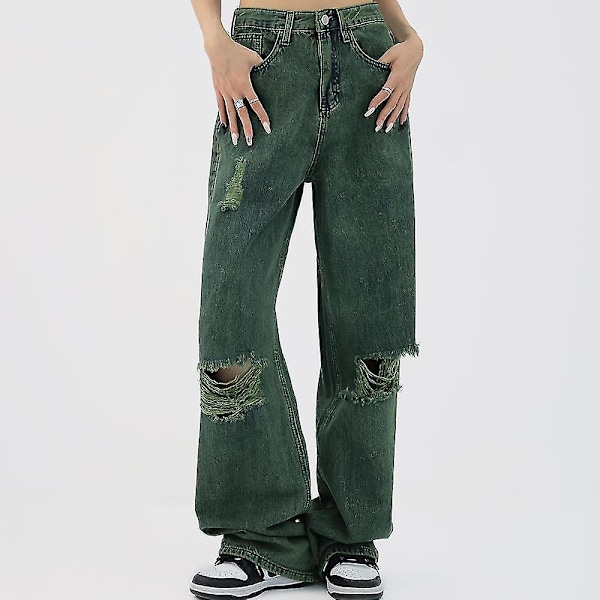 Dames Bluser Høsthøst Grønne Jeans Ripped Hull Sexy Høj Talje Grøn Green S