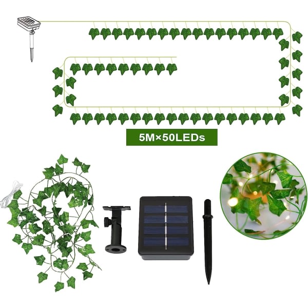 Solcells drivna ljusslingor 5M 50 LED konstgjord murgröna slinga för