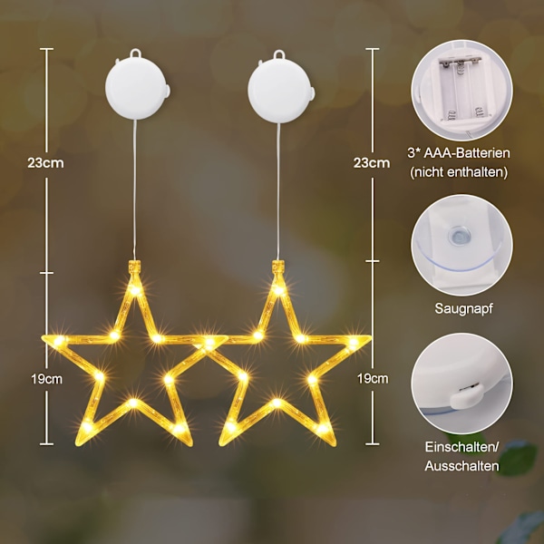 LED-stjerneformede juletræslygter, vindue-lamper, batteridrevne med sugekopper, varm hvid