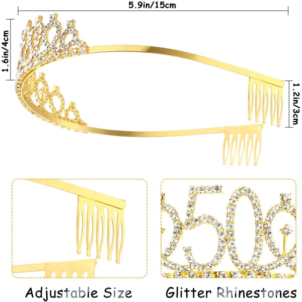 WILLBOND 50:e födelsedag skärp och tiara Set för 50 år, 50 & fantastiska skärp och krona festdekorationer (guld)