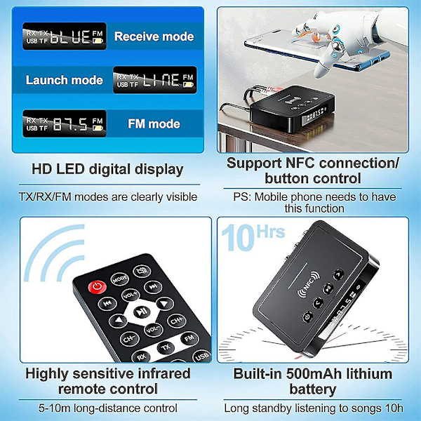 Bluetooth 5.0 Modtager Sender Fm Stereo Aux 3,5 mm Jack Rca Trådløs Nfc Bluetooth Lydadapter