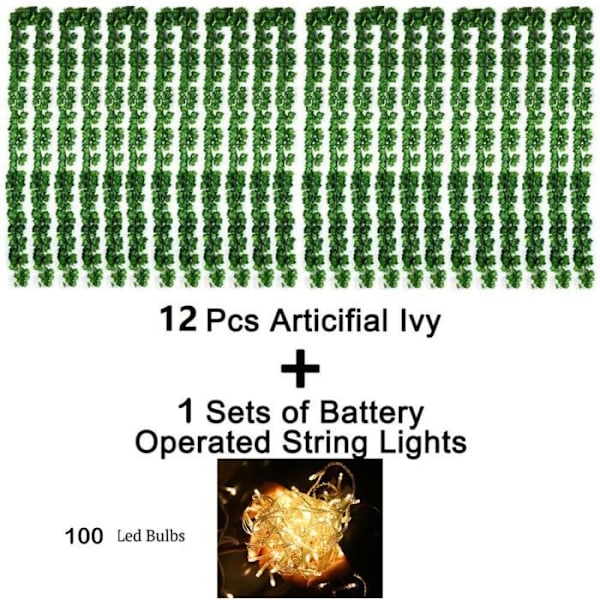 12 stk kunstige eføy planter med 100 LED gardinlys, Fairy String Lights og 8 moduser fjernkontroll