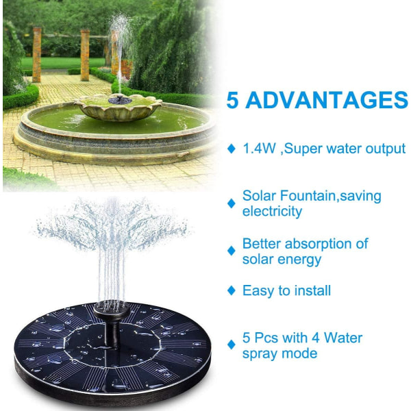 Solar fountain, 1.4W solar pond pump with 4 effects