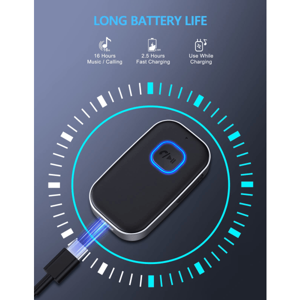 Bluetooth 5.0 bilmottaker, støydempende AUX-adapter, hjemmestereo/håndfri samtale Bluetooth-musikkmottaker, 16 timers batterilevetid - Svart