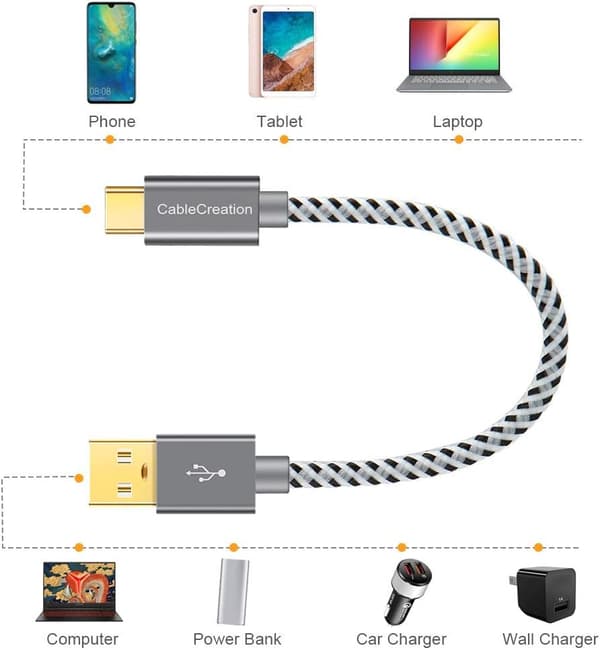 6 tommer USB-C-kabel, kort, CableCreation kort USB til USB-C-kabel 3A hurtigopladningskabel