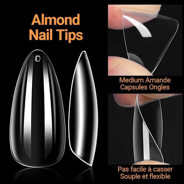 500 st Amerikanska nagelkapslar Mandel Medium Short Transparent Falska naglar Gel x Amerikanska naglar 11 olika storlekar