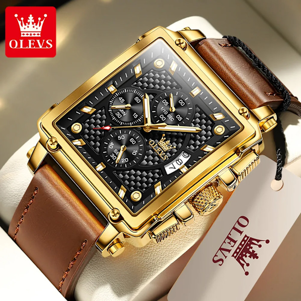Olevs Toppmärken Ny fyrkantig watch Multifunktionskronograf läderrem Vattentät Mode Business Armbandsur för män black gold brown