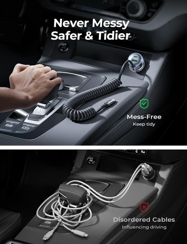 65W USB C Biloplader til iPhone 16, PD QC3.0 Hurtigopladning med 1.5M Spiralkabel-FA-