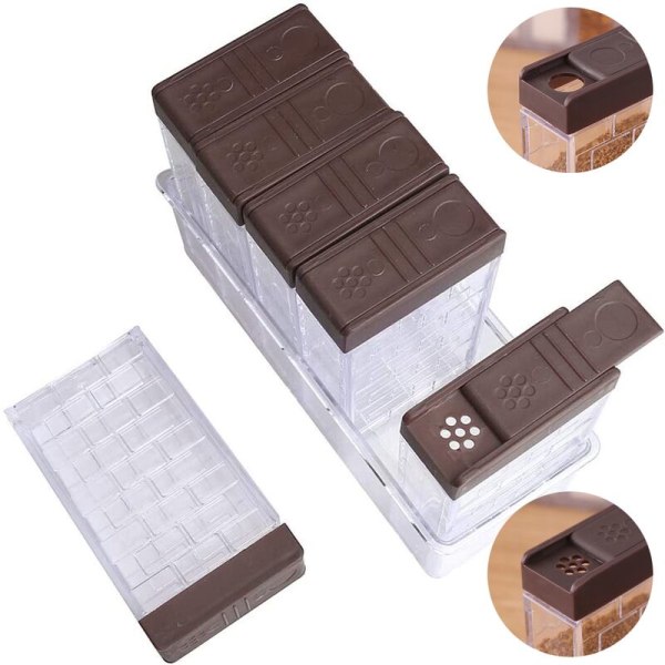 Set med 6 kryddburkar, Shaker Box-kryddor set, förvaringskärl för förvaring av kökskryddor, brun