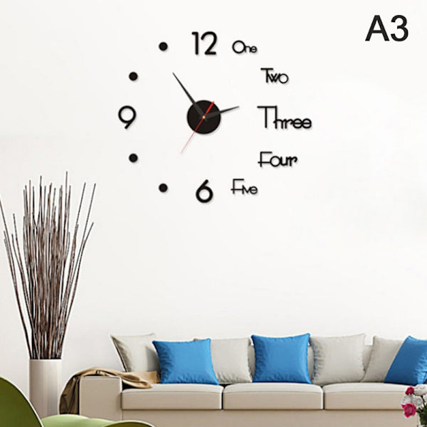 3D-spegelväggklocka Modern design Kreativ akrylkvartsvägg Black
