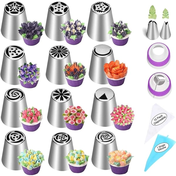 27-delt russisk Piping Tips Set Kakedekorasjonstilbehør Kit Sprøyteposer