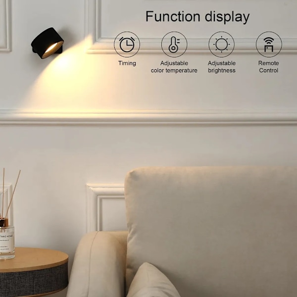 LED-vägglampa, trådlös, dimbar med fjärrkontroll, 360° roterbar, 3 ljusstyrkenivåer, LED-läslampa för inomhusbruk