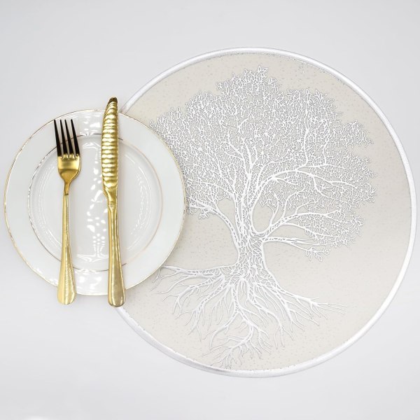 Runda pressade vinylbordsmattor, Set med 6, Silver Tree bordstabletter, Lätt att rengöra, Vattentäta bordsunderlägg
