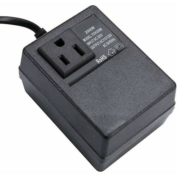 Transformator 220V til 110V, 200W, med europæisk stik, til reduceret spænding.
