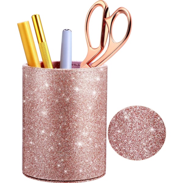 Pu Glitter Pen Holder Pencil Cup Rose Gold Shiny For Women Girls