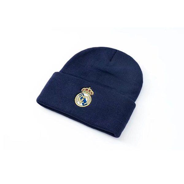Strikket hue, koldbestandig og varm uldhue, Gos - Fodboldklubbemblem, strikket vinterhue, elastisk hue uden skygge, Real Madrid - marineblå