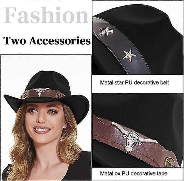 Klassisk cowboyhat til mænd, bredskygget cowboyhat til kvinder, western cowboy-stil hat-FA- Black