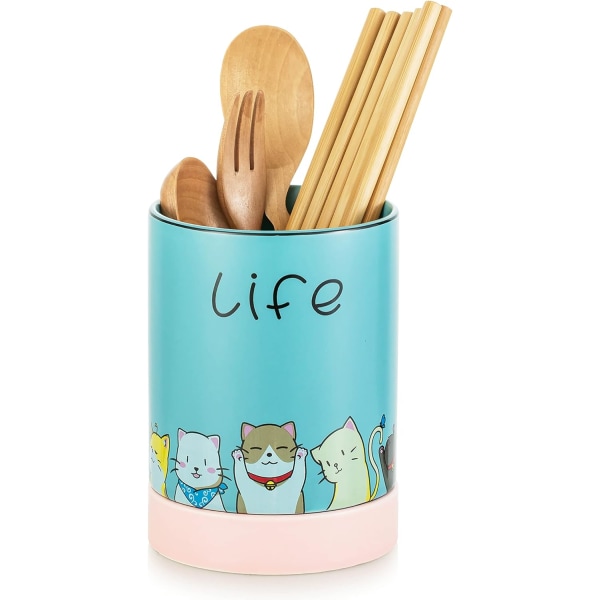 Kitchen Utensil Holder, Ceramic Cutlery Holder with Cute Cat