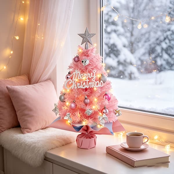 Kunstigt Mini Juletræ med LED-lys og Topstjerne til Skrivebords Julepynt Pink Tree + LED