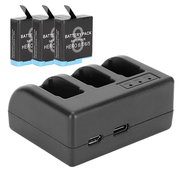 AHDBT-801 svart uppladdningsbart batteri med 3-kanals laddare för GoPro Hero 8/7/6/5