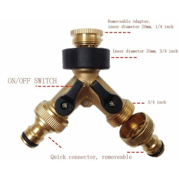 Solid Messing 2-veis slangedeler 2-veis slangekobling med på/av-ventiler, kran og 3/4\" uttak, bruk opptil 2 slanger samtidig