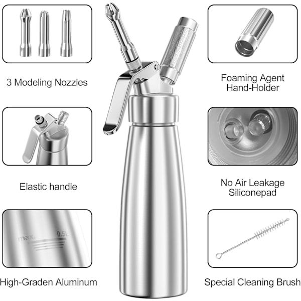500 ml flødeskummer, flødeskumsprøjte, aluminium, med 3 dekorative rustfri ståldyser, 1 rengøringsbørste 500ml