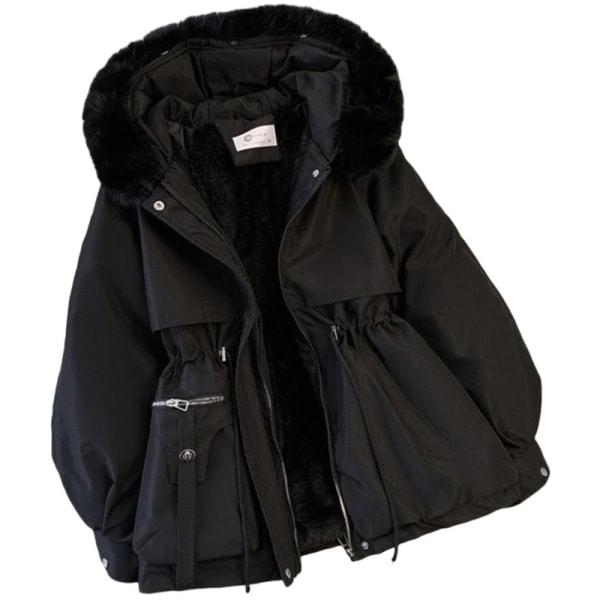 Söt Solid Mellanlång Parka Vinter Vädertät Ytterplagg Jacka för Kvinnor Svart XL