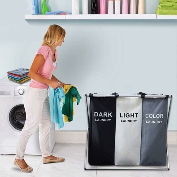 Foldbar vaskeromskurv Trippel vaskeromskurv 3 avtakbare poser (155L) med stoffhåndtak for baderom Hjemmevask 68x38x60cm (Grå Hvit Svart)