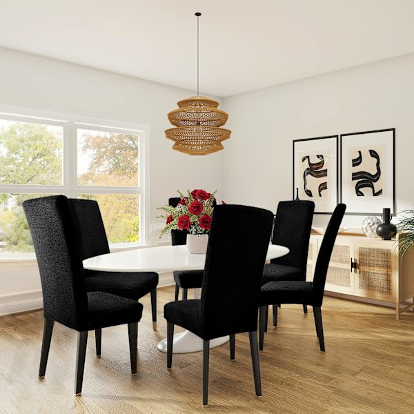 Stolsöverdrag Set om 6 Stretch Stolsöverdrag Stolsöverdrag för Matsalar Lättskötta och Hållbara Jacquard Stolsöverdrag-FA6- Black