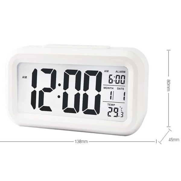 Stor LCD-skjerm Mute Smart Light Elektronisk vekkerklokke White