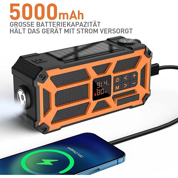 Vevradio med solceller ficklampa och 5000mAh powerbank SOS FB580-Silver