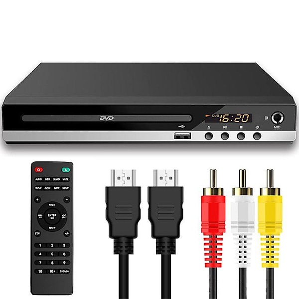 DVD-afspiller til TV med HDMI, DVD-afspiller, der afspiller alle regioner, CD-afspiller til hjemmebiografsystemer, HDMI- og RCA-kabel medfølger