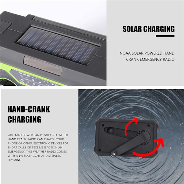 Väderradio, Nödhandvev ficklampa, Portable Survival Solar Radio，2000mAh batteri med stor kapacitet