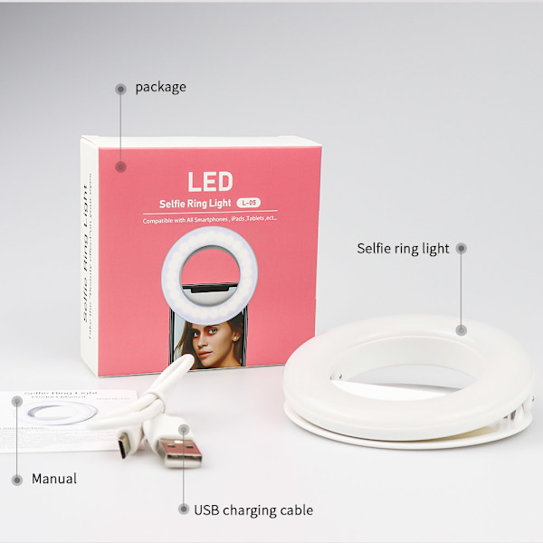 Puhelinrengasvalo 40 LED:llä ja 3 Valotilalla