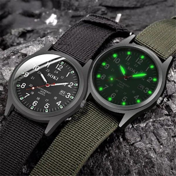 Mote Herreklokker Lysende Visere Klokke Luksus Militær Sport Date Quartz Armbåndsur Herre Casual Nylon klokke masculino green silver