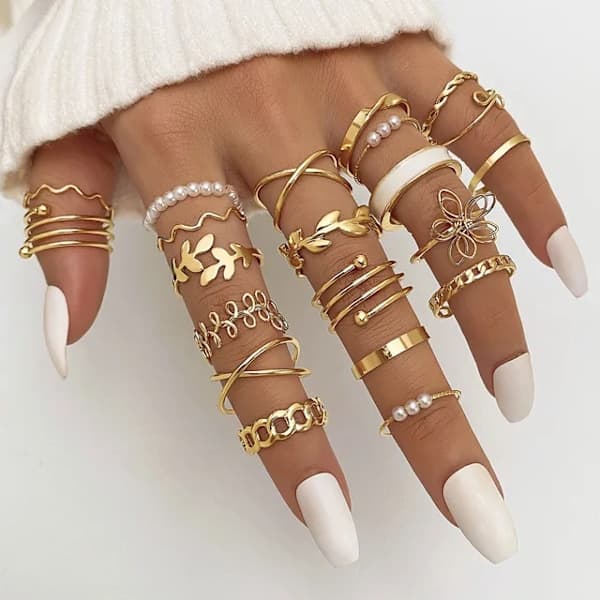 21-pack Gold Rings - Glittering Smooth & Varied Patterns-FA-