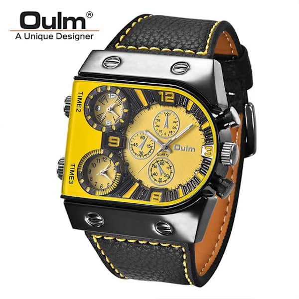 Oulm Klockor Herr Quartz Casual Läderarmband Armbandsur Sport Multi-Time Zone Militär Man Klocka C4