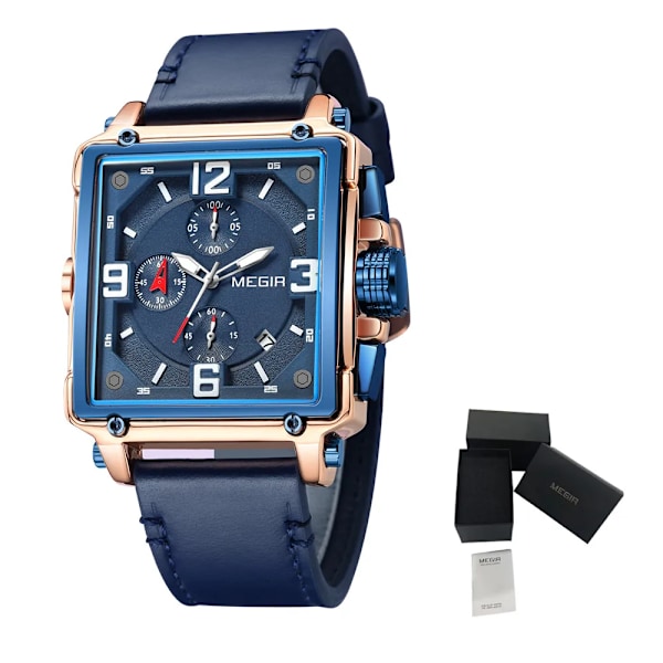 Klokker for menn Vanntette Lær Kvarts Armbåndsur Lysende Kronograf Dato Kalender Herreklokke RoseBlue