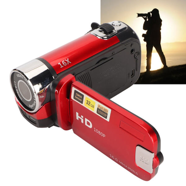 Digitaalinen kamera 1080P 16MP HD 16X zoom, tärinänvastainen, kädessä pidettävä, sisäänrakennettu mikrofoni, videokamera LED-täyttövalolla Red
