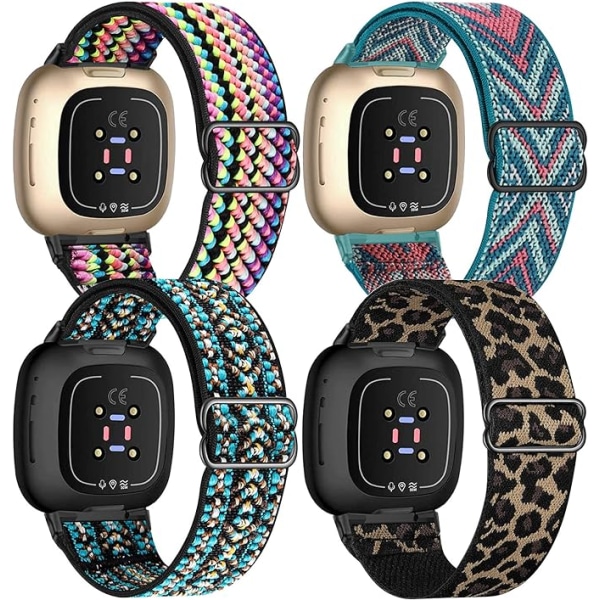 4-pak elastiske nylonbånd kompatible med Fitbit Versa 3 / Fitbit Sense, justerbare elastiske stof smartur sportsbånd (BohoRainbow/Green Arrow