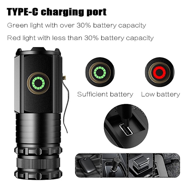 Led Mini Lommelygte Kraftfuld Type-c Genopladelig 18350 Batteri Lommelygte Lampe Med Halemagnet Taktisk Lygte