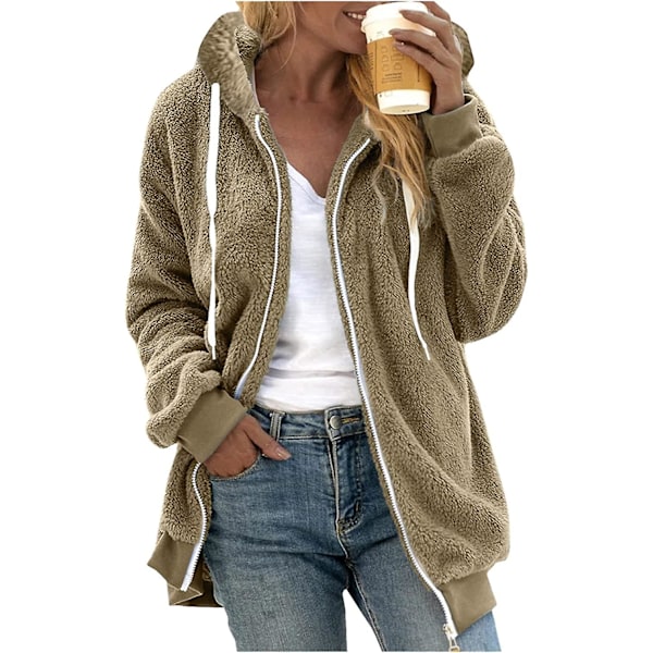 Dames Vinter Fuzzy Fleece Jakke Med Lynlås Lomme Løstsiddende Jakke Dames Tøj Teddy Fleece Jakke Langærmet Vinterjakke Yderbeklædning Streetwear X17 Khaki 4XL X17 Khaki