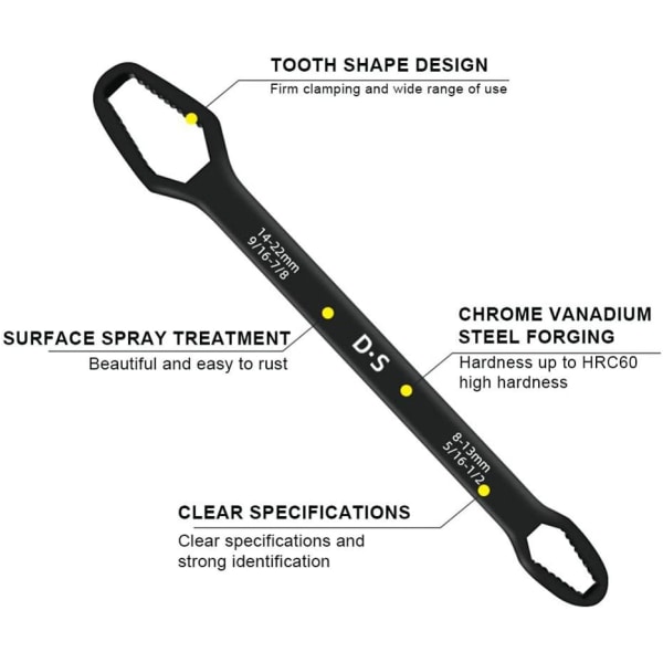 8-22mm Kaksisuuntainen Universaaliavain, Musta Teräs Räikkäavain