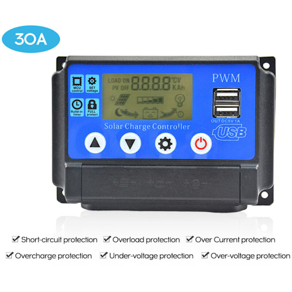 Solcellsregulator PWM12/24V laddningsregulator 30A adaptiv styrenhet