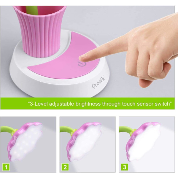 USB-laddningsbar flexibel läslampa (rosa) dimbar LED-barn