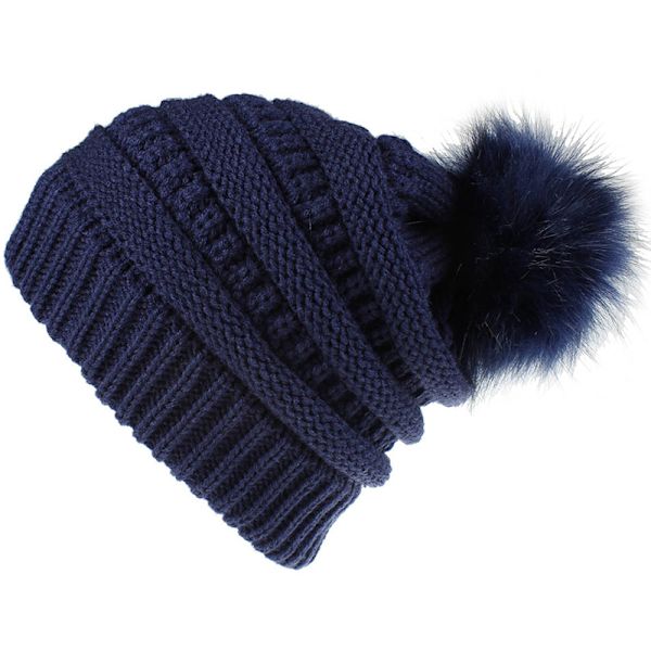 Mote retro hodeplagg kvinnelig ensfarget ullkule strikket lue Navy