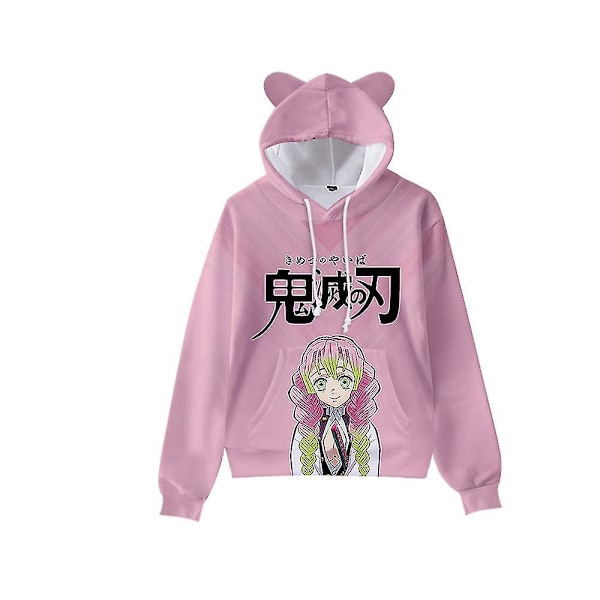 Unisex Demon Slayer trykte hættetrøje Casual Pullover Katteører Hættetrøje Toppar Pink Pink S