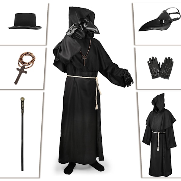 Voksen Pestelege Cosplay Kostyme Halloween Middelalder Munk Pesteleger med Fuglenebmaske Svart Kappe Kåpe med Hetter - et sett