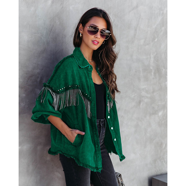 Avslappet denimjakke med frynser for kvinner Green Green-X43- Green M